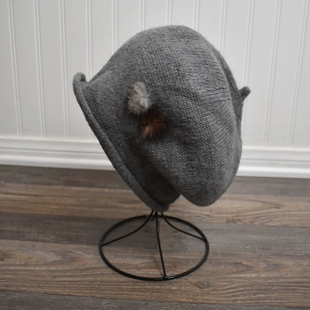 Semo Beret Hat Knit Mohair Pom Pom Korea Neutral Minimalist Academia Preppy